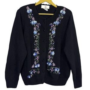 Vintage Silk Angora Rabbit Cardigan Sweater Small Black Floral Beaded Sequins
